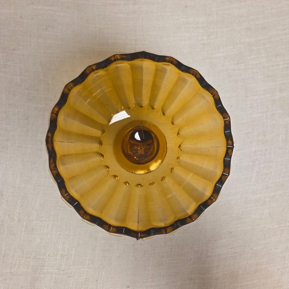 Vintage Amber Glass Compote Dish Pedestal Scalloped Rim Candy Bowl